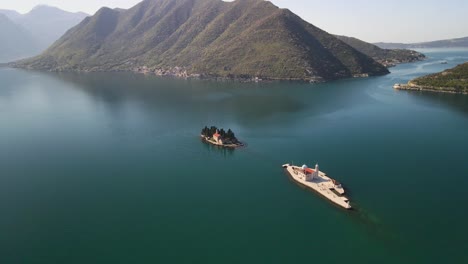 Aerial-of-islets-off-the-coast-of-Perast-in-the-Bay-of-Kotor,-Montenegro