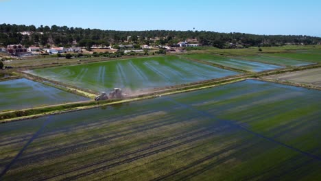 Reisfelder-In-Comporta-Portugal-Mit-LKW-Fahren-Von-Den-Feldern