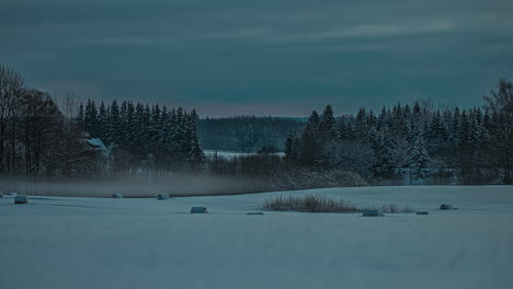 Time-lapse-of-snowy-field-and-fores-with-thick-fog-moving,-covering-the-area