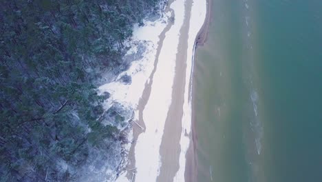 Beautiful-aerial-birdseye-view-of-Baltic-sea-coast-on-a-overcast-winter-day,-beach-with-white-sand-covered-by-snow,-coastal-erosion,-climate-changes,-wide-angle-drone-shot-moving-backward