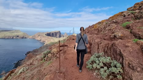 Cinematic-shot-of-a-woman-walking-along-the-paths-that-reach-the-tip-of-San-Lorenzo-on-the-island-of-Madeira-and-on-a-sunny-day