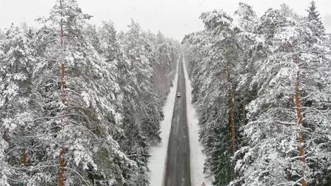 Car-driving-on-winter-forest-road-during-magical-snowfall,-aerial-view
