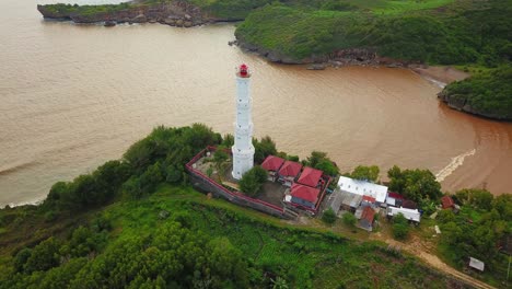 Aerial-view-of-Baron-Lighthouse-overlooking-beach,-rocks-and-ocean-in-Indonesia