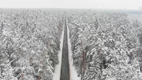 Christmas-feel-woodland-landscape-and-road-during-snowfall,-aerial-view
