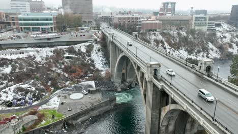 Aerial-view-of-the-historic-Monroe-Street-Bridge-in-Spokane,-Washington-during-winter-time