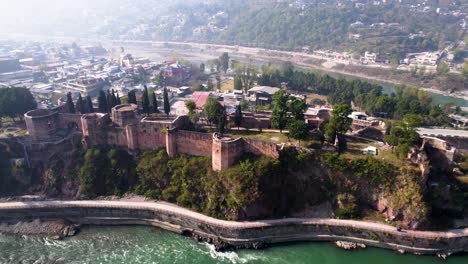 Aerial-view-of-Red-fort-Muzaffarabad,-fort-on-the-bank-of-river-neelum