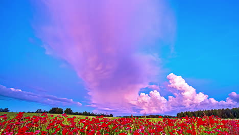 Erstaunliche-Rosafarbene-Wolke-Im-Blauen-Himmel-über-Dem-Feld-Der-Roten-Mohnblumen-An-Einem-Sonnigen-Tag