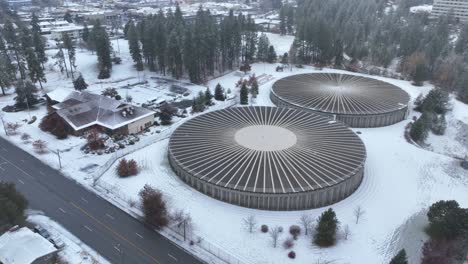 Establishing-aerial-view-of-two-massive-water-reservoir-structures-in-Spokane,-Washington