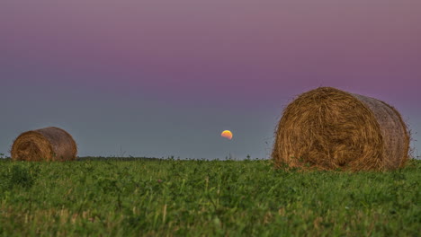 Large-Rolled-Hay-Bale-On-Field-During-Sunset-Till-Sunrise