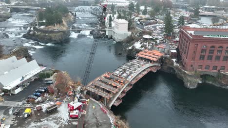 Drone-shot-of-the-Post-Street-Bridge-under-construction-in-Spokane,-Washington