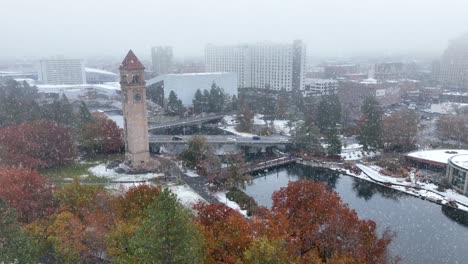 Aerial-view-of-the-Spokane-Riverfront-Park-with-the-The-Great-Northern-Clocktower-prominently-featured