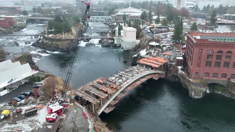 Aerial-of-the-Post-Street-Bridge-while-under-construction-in-Spokane,-Washington