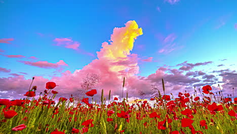 Bright-meadow-of-poppies-and-magical-skyscape,-fusion-time-lapse