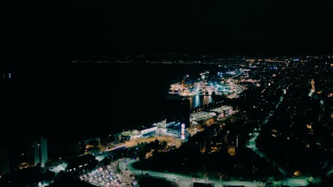 Illuminated-Night-City-Of-Rijeka,-Croatia---Inspire-2-Drone-Shot