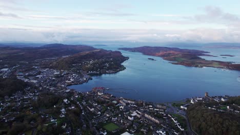 Aerial-View-Over-Oban-Coastal-Town-In-Scotland