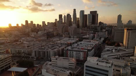 Los-Angeles-California-aerial-pull-out-from-skyline-at-sunset