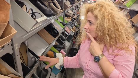 Latin-woman-with-big-curly-blonde-hair-considers-her-next-shoe-purchase-while-out-shopping-a-sale-at-a-mall