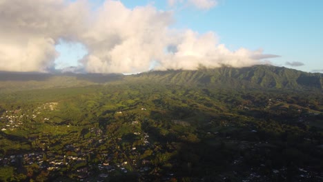 Mystic-and-foggy-drone-view-over-the-tropical-rainforest-of-Kauai,-Hawaii