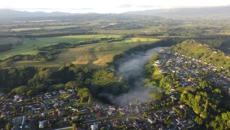 Mystic-and-foggy-drone-view-over-the-tropical-rainforest-of-Kauai,-Hawaii,-USA