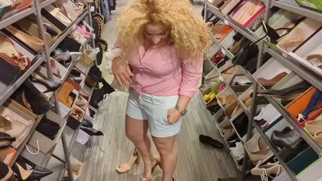 young-Latin-woman-tries-on-shoes-she-likes-and-looks-up-at-the-camera-smiling-after-finding-shoes-fit