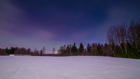 Vibrant-Aurora-Borealis-above-winter-rural-landscape,-fusion-time-lapse-to-dark-night
