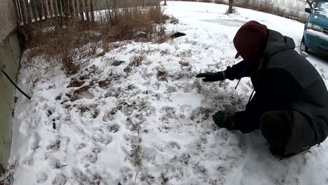 Man-trying-to-dig-out-a-big-rock-from-the-ground-during-the-winter