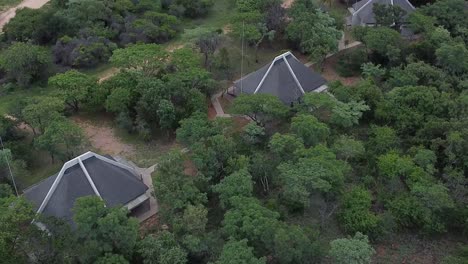 Aerial-drone-shot-descending-down-on-3-luxury-chalets-situated-in-the-heart-of-the-African-bushveld-and-part-of-an-amazing-close-to-nature-safari-experience,-South-Africa