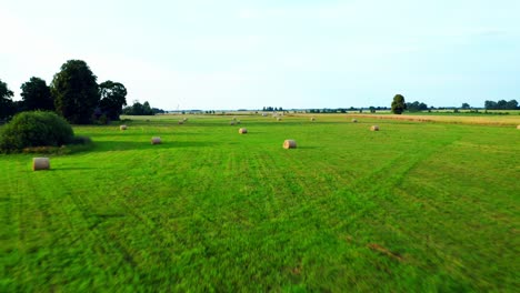 Round-Hay-Bales-On-The-Green-Field-During-Summer-In-Lithuania