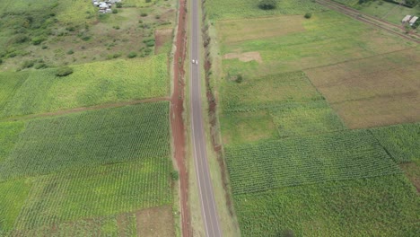 Fast-driving-car-passing-lorry-on-highway-crossing-green-farms,-aerial-view