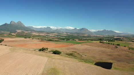 View-Across-Vineyards-With-Simonsberg-Mountain-In-The-Background-In-South-Africa---aerial-drone-shot