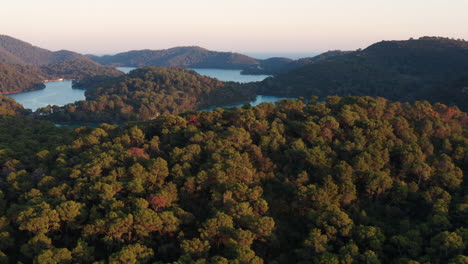 Scenery-Of-Dense-Forest-On-The-Mountain-Islands-At-Mljet-National-Park-During-Sunset-In-Dalmatia,-Croatia