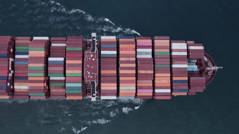 Luftaufnahme-Eines-Beladenen-Containerfrachtschiffs,-Das-über-Den-Ozean-Fährt