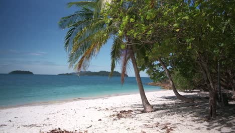 slow-left-to-right-pan-footage-of-white-sand-beach-with-coconut-palms-and-turquoise-waters-with-islands-in-the-distance