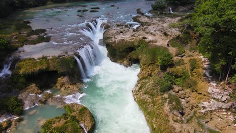 Aerial:-beautiful-tropical-waterfall-in-Mexico-rainforest,-travel-destination