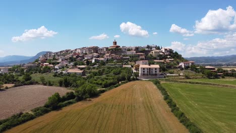 Berdun-in-Huesca,-Aragon,-Spain---Aerial-Drone-View-of-the-Countryside-and-Beautiful-Mountain-Village