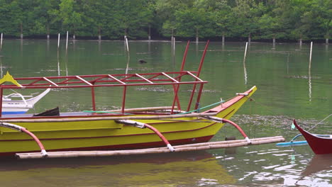 Gelbes-Fischerboot-Ruhig-Geparkt-Mit-Mangroven-Im-Hintergrund