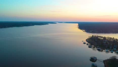 Aerial-Drone-Sunset-At-Grand-Lake-O'-the-Cherokees-In-Midwest-Oklahoma-with-Floating-Docks,-Coves-and-Glass-Calm-Water