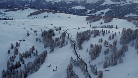 Early-morning-in-alpine-mountain-meadow-during-winter,-Alpe-di-Siusi,-aerial