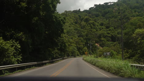 Driving-along-a-rural-road-through-a-tropical-rainforest---slow-motion