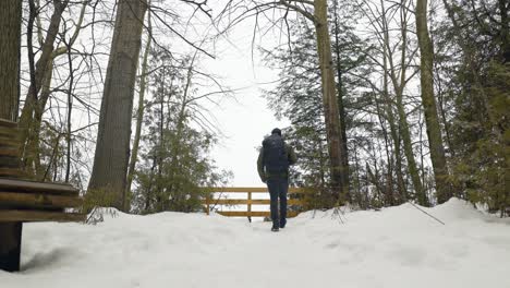 Young-Adult-Hiker-with-backpack-walks-towards-view-point-in-winter-forest