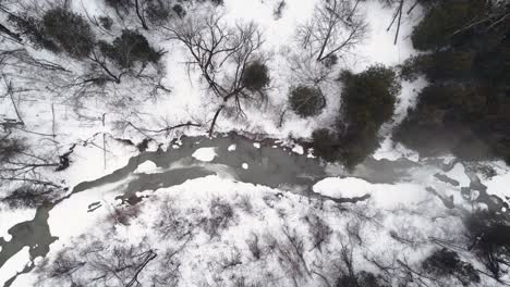 Aerial-top-down-of-frozen-winter-river-in-forest-valley,-Ontario-Canada