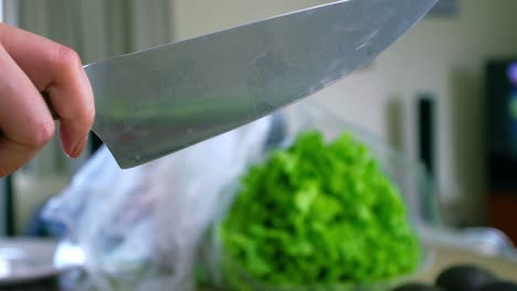 Slow-Motion-Of-A-Hand-With-Sharp-Knife-And-Slice-Green-Cucumber