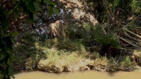 Pan-showing-destroyed-riverbank-with-non-biodegradable-garbage-and-affected-greenery-due-to-inundation-and-flooding