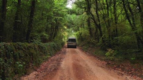 Camper-van-bus-driving-on-sand-road-through-dense-lush-Italian-forest