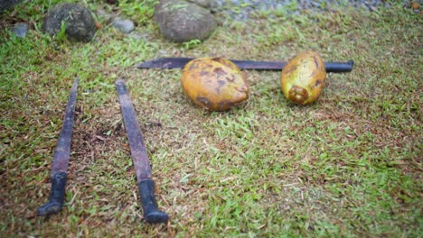 Coconuts-and-Machetes-Laying-on-Ground-Ready-To-Be-Cracked-and-Opened