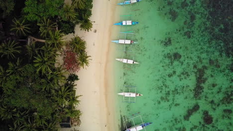Aerial-top-down-shot-of-beach-in-Palawan-of-Philippines-with-Banca-boats