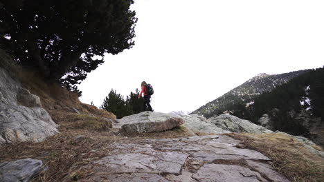Mujer-Viajera-Solitaria-Caminando-Por-Senderos-Montañosos-De-Gran-Altitud,-Explorando-Una-Nueva-Ruta-En-El-Bosque-Natural-Salvaje