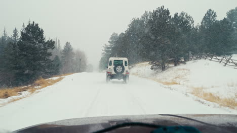 Land-Rover-Verteidiger-D90-Fährt-Auf-Schneebedeckter-Landstraße,-Umgeben-Von-Felsigen-Bergen,-Alpenwald-In-Der-Nähe-Von-Nederland-Boulder-Colorado