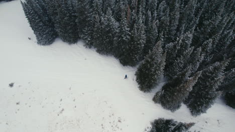 Drone-Aerial-View-Flying-Over-Man-Splitboarding-Alone-In-Snowy-Rocky-Mountains-Alpine-Forest-Tree-Line-With-Light-Snowfall