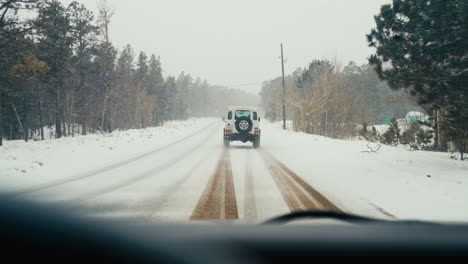 Land-Rover-Defender-D90-Driving-Into-Snow-Covered-Back-Country-Road-In-Rocky-Mountains-Alpine-Forest-Wood-Near-Nederland-Boulder-Colorado